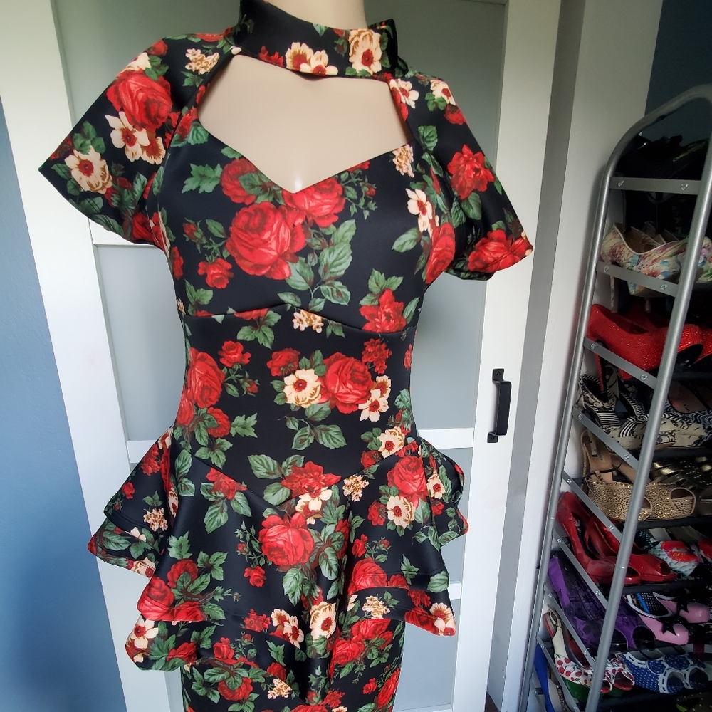 Ladies floral peplum midi dress - wax poetic clothing